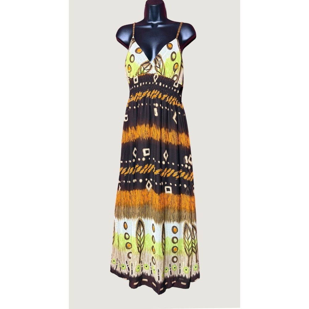 She's Cool Metamorphosis Tribal V-Neck Pullover Maxi Brown Dress Women Large